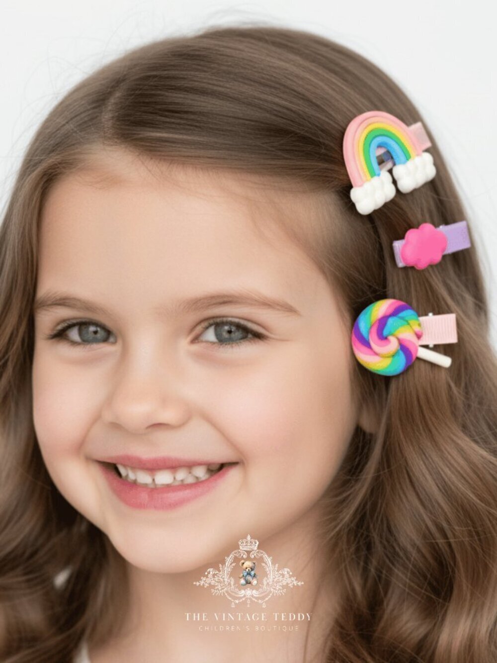 NWT Cute Girls Hair Accessories Rainbow, Cloud & Lollipop Kids Hair Clips Purple